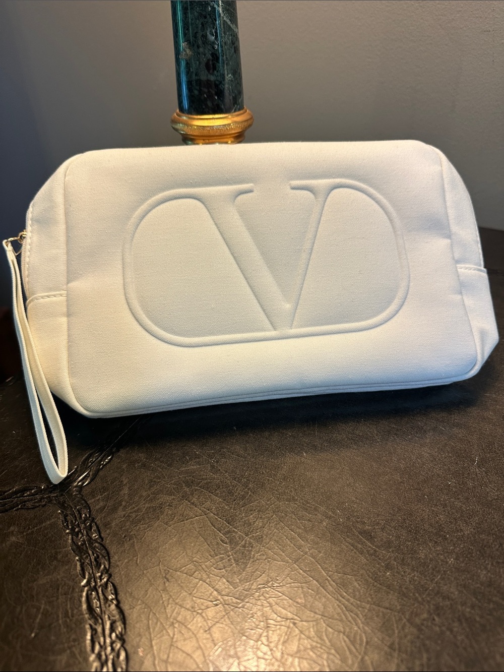 Valentino Garavani white Embossed V Wristlet Clutch/ makeup bag